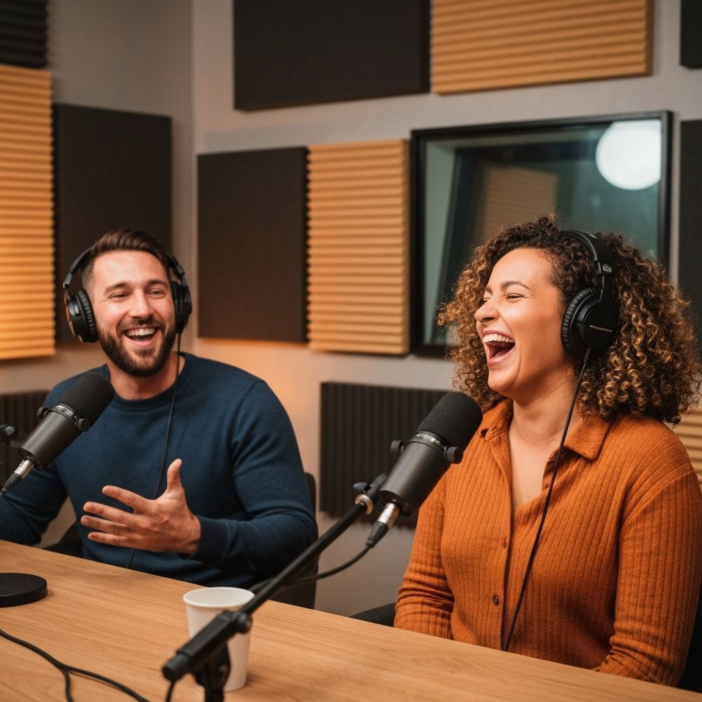 Podcast co-hosts laughing during a recording session