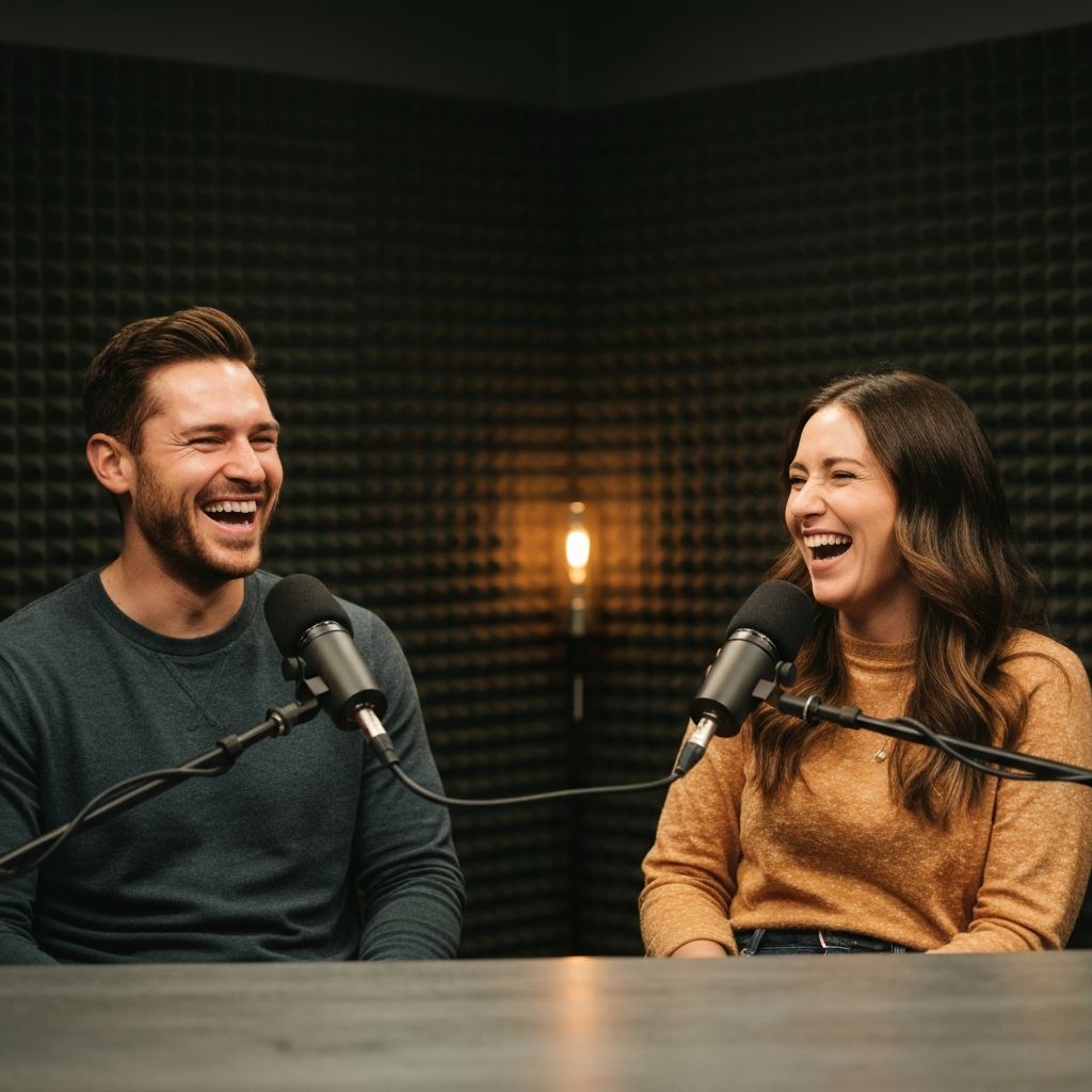 Happy podcast hosts smiling in professional studio