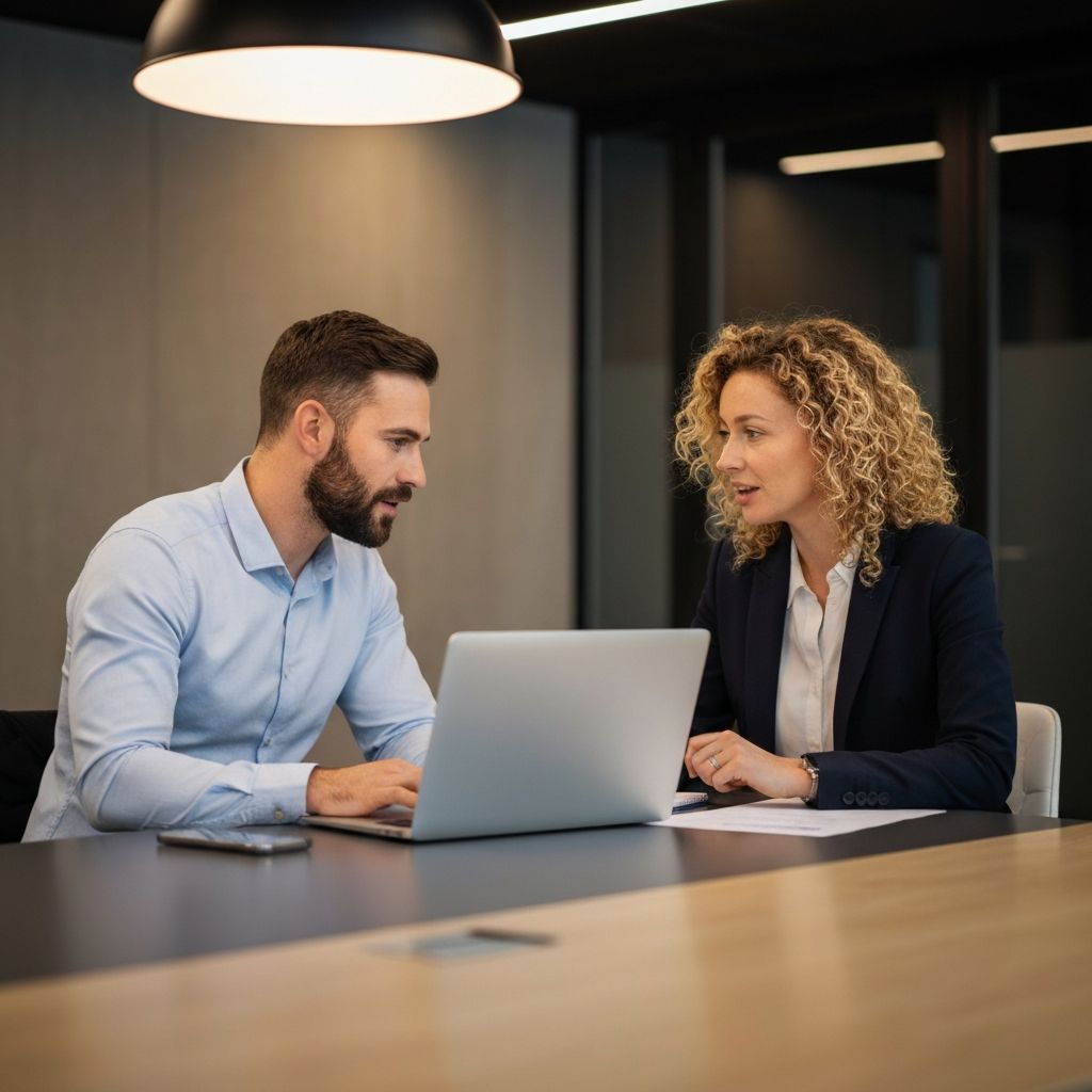 Professionals in a PR strategy meeting with laptop