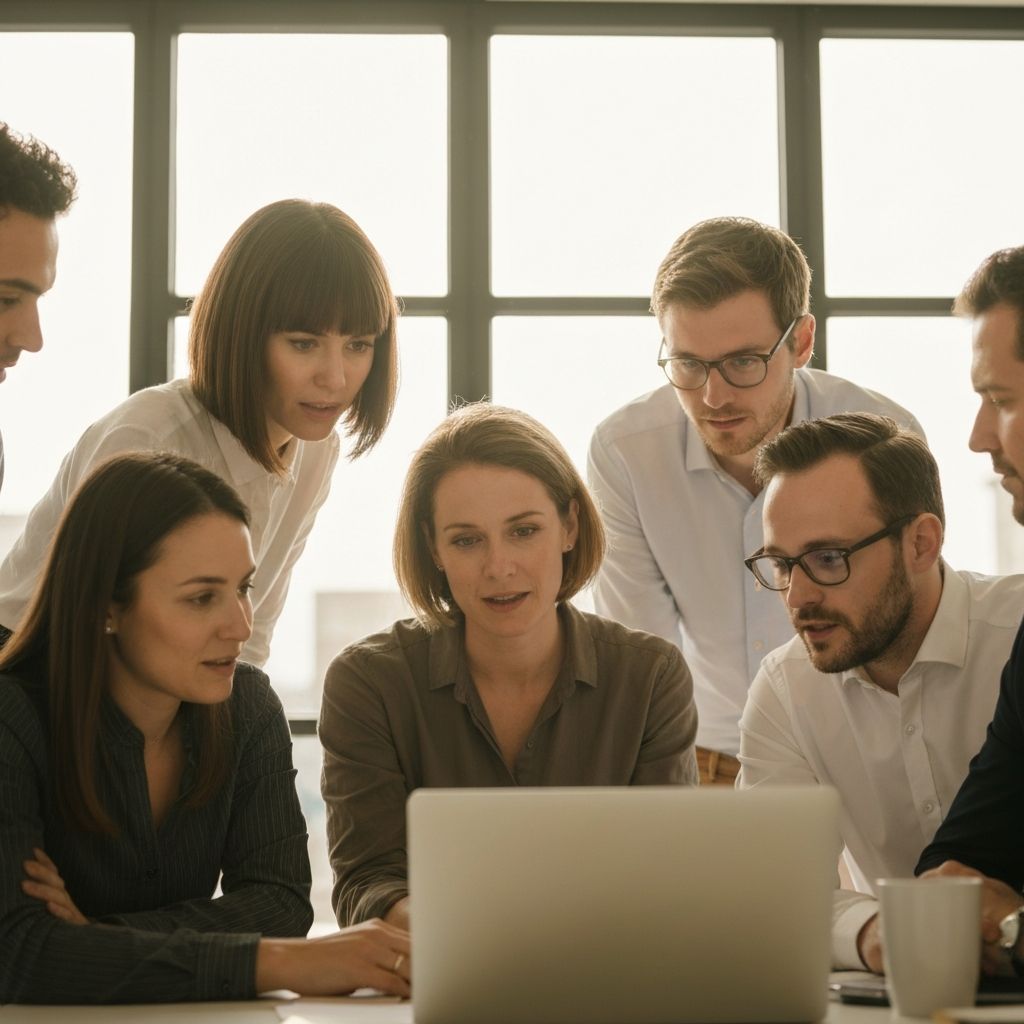 Team reviewing PR strategy around a laptop
